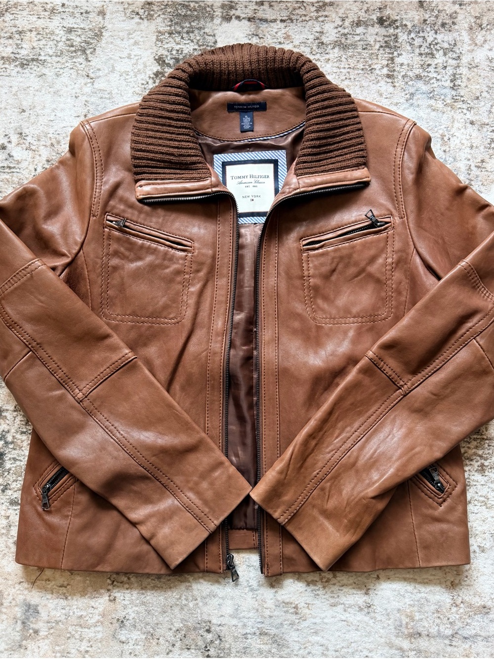 Tommy Hilfiger Wome’s Brown Leather Zip-Front  Knit Collar Jacket Size XL